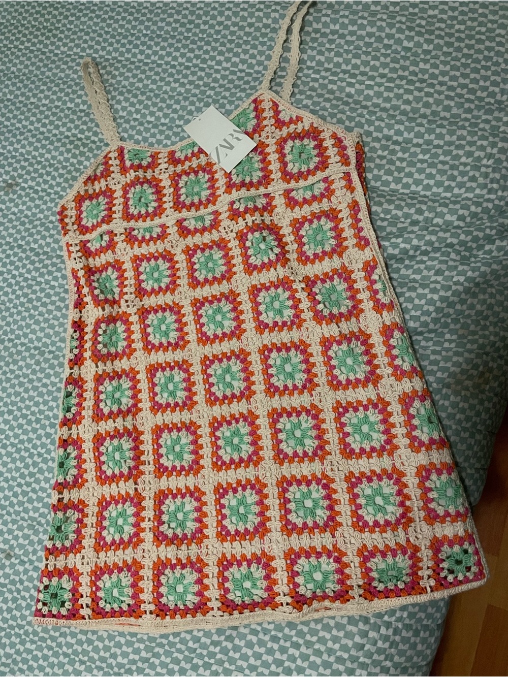 Zara Crochet Square-Pattern Spaghetti Strap Dress — Pink, Orange & Mint